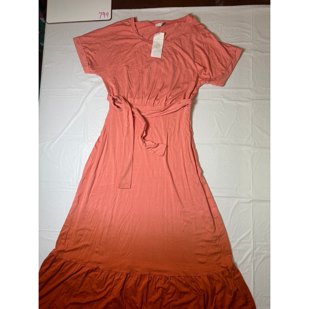 New Directions Womens Ombre Maxi Dress Coral Orange Short Sleeve Tie Waist L NWT